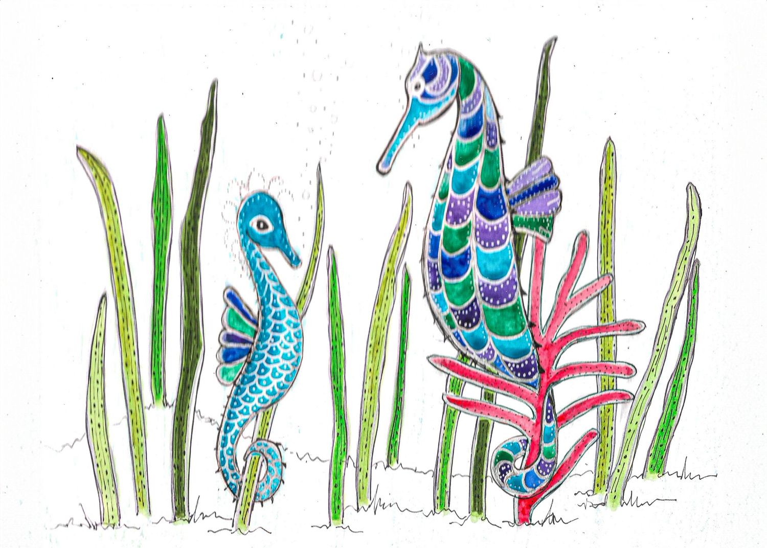 Blue and turquoise fish swimming among green water plants in a whimsical illustration.