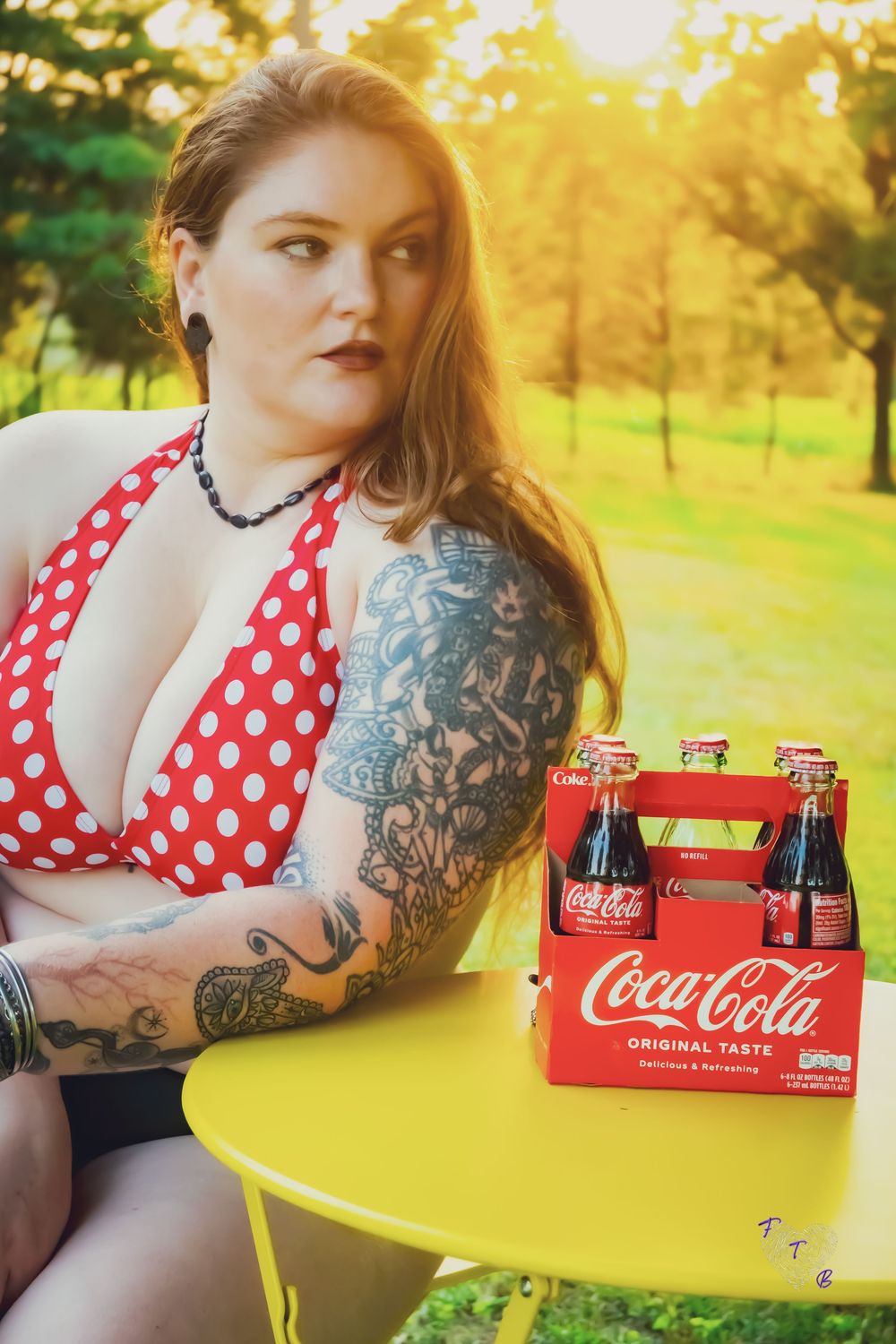 Vintage-style photo series featuring a red and white polka dot top and Coca-Cola bottles on yellow surface in golden sunlight.