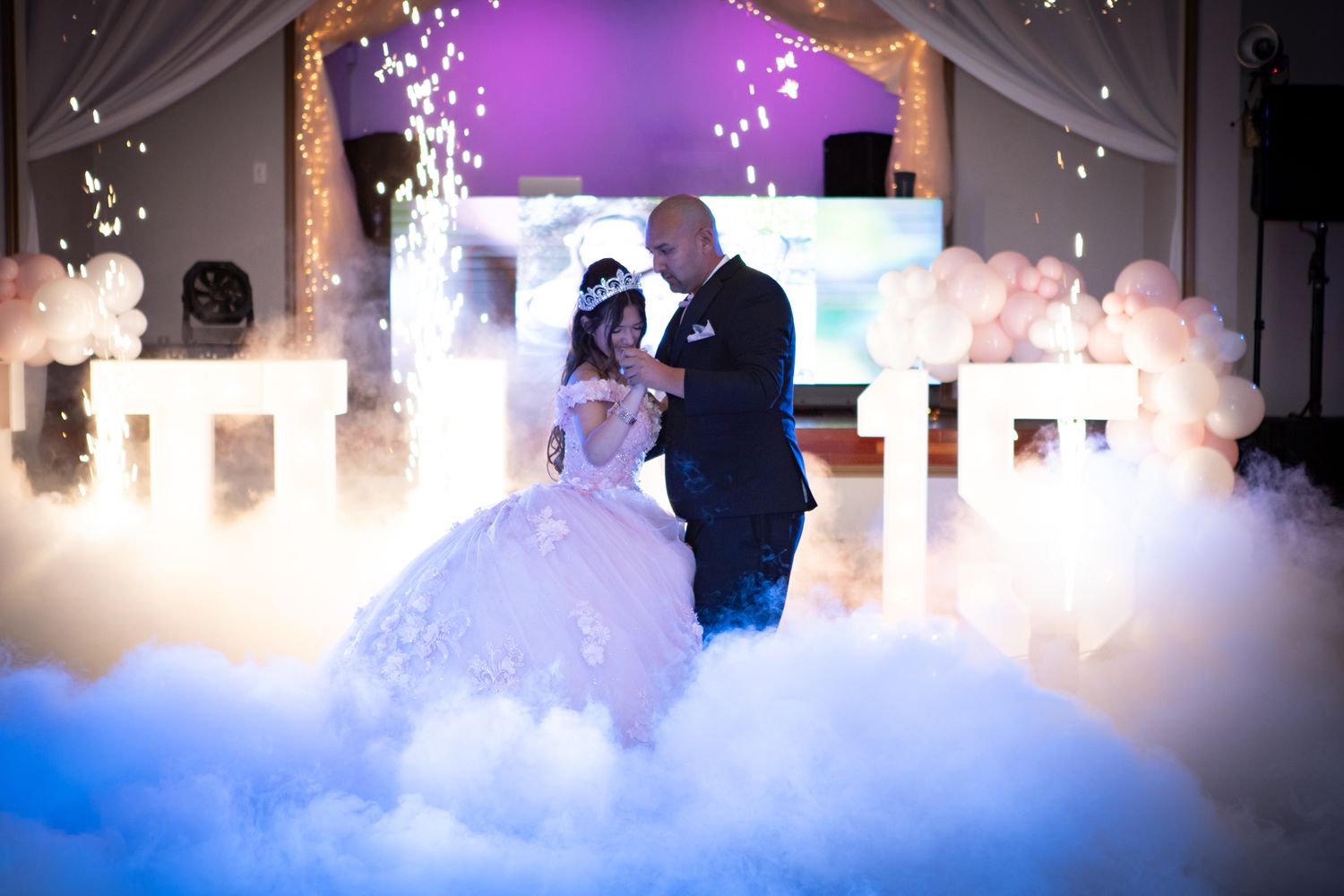 Dad and Quinceanera Dancing sparks in background