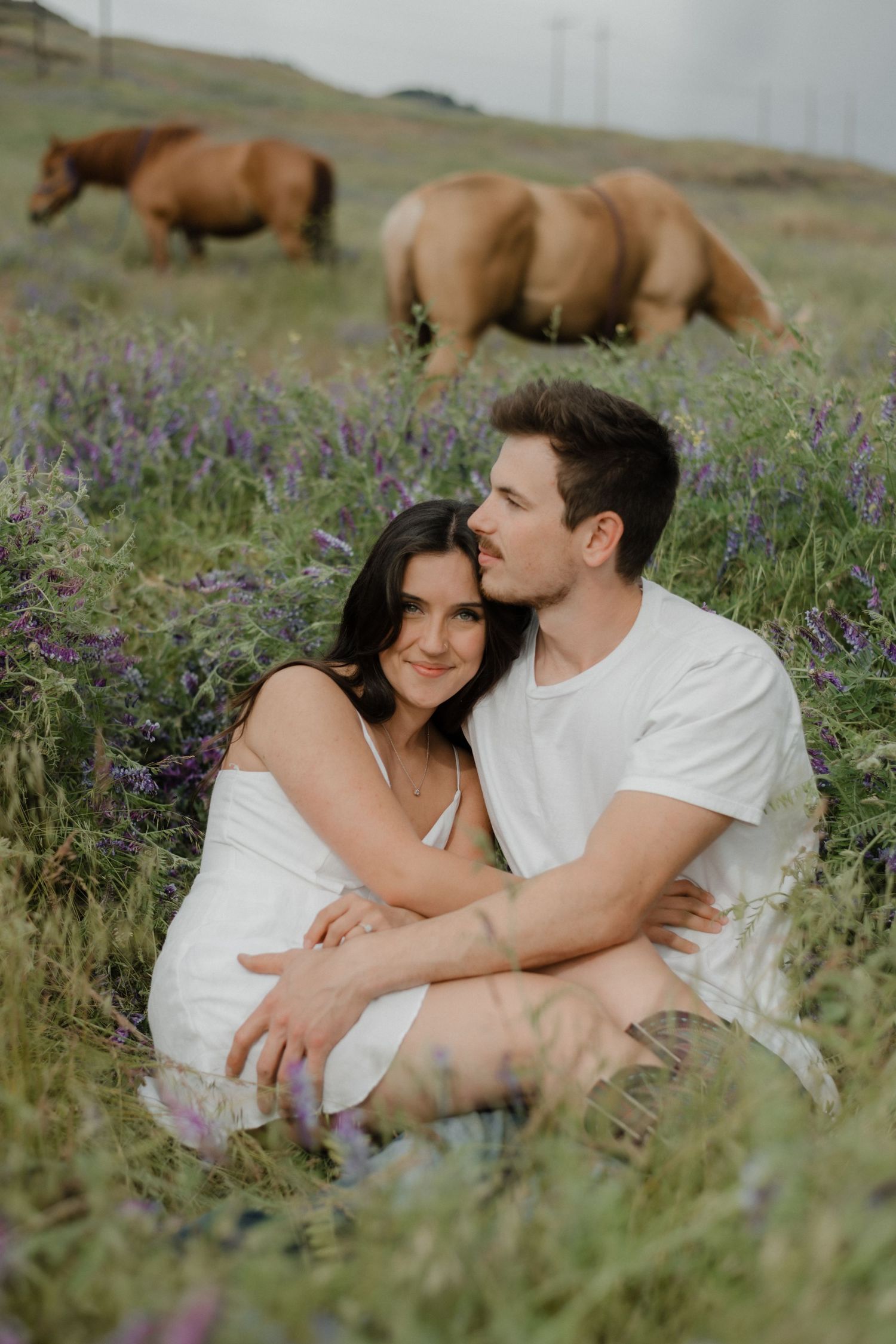 couple hugging in a field with horses behind them