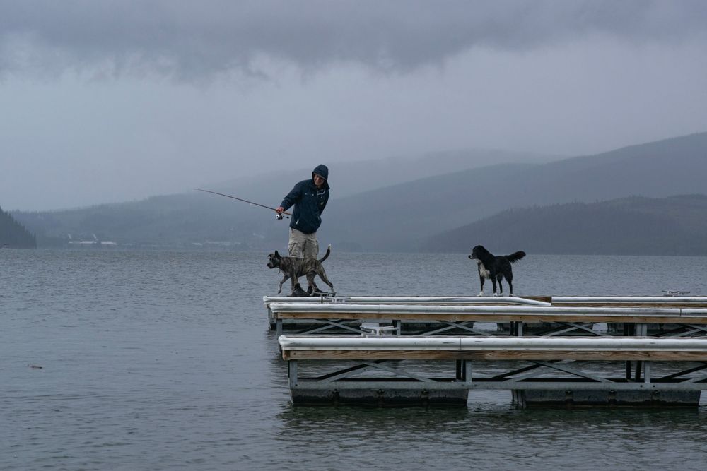 Figure and dogs stand on wooden dock overlooking misty mountain lake.