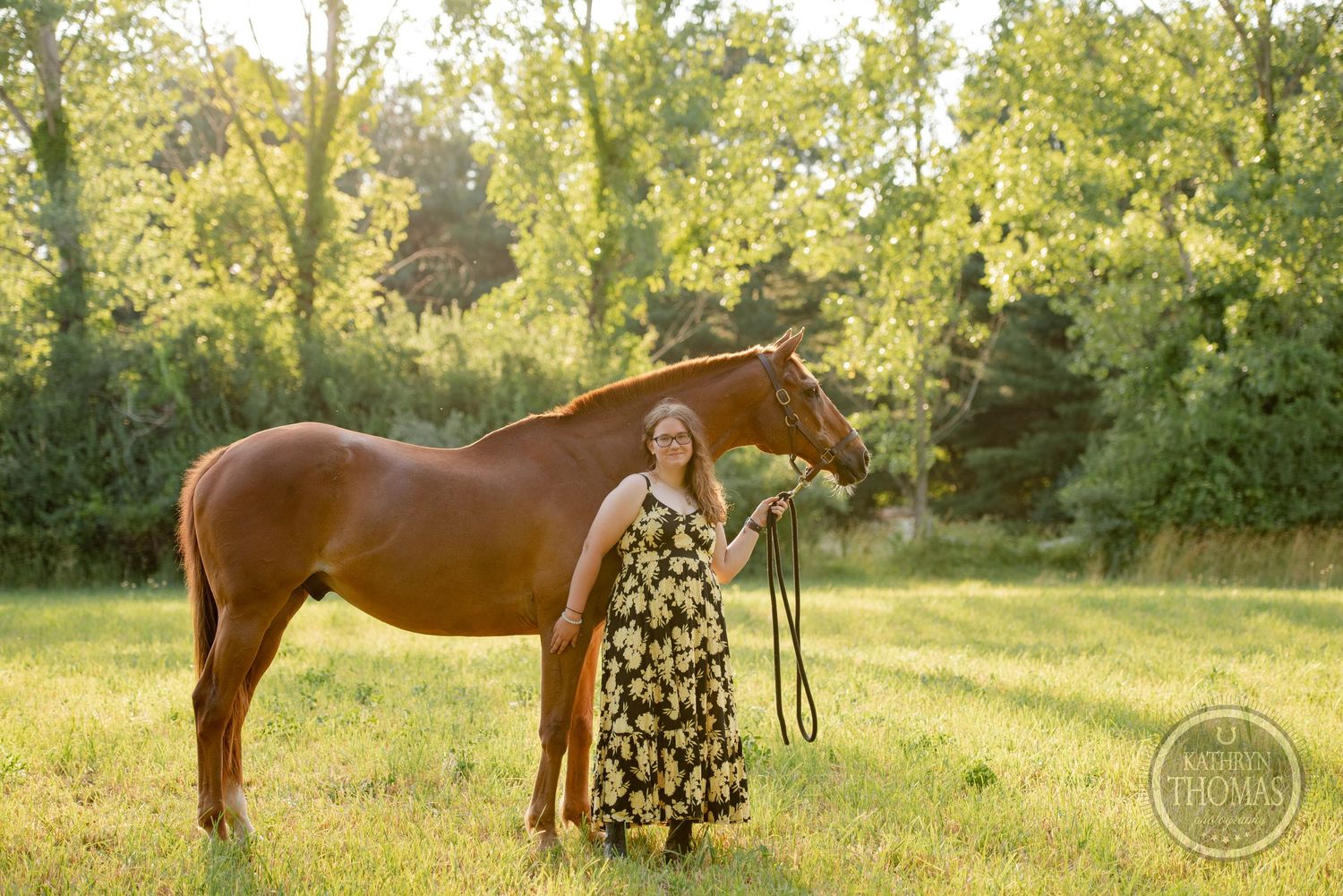 A beautiful chestnut horse stands in a sunny meadow with someone in a floral dress during golden hour.