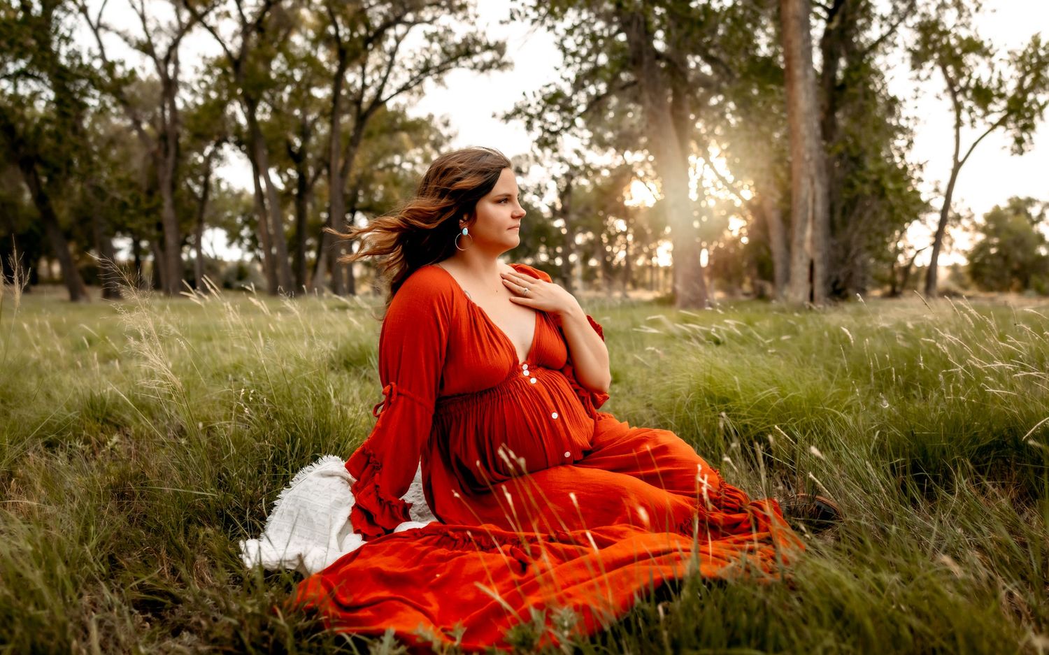 A person in a flowing red dress sits gracefully in a sunlit meadow during golden hour with trees in the background.