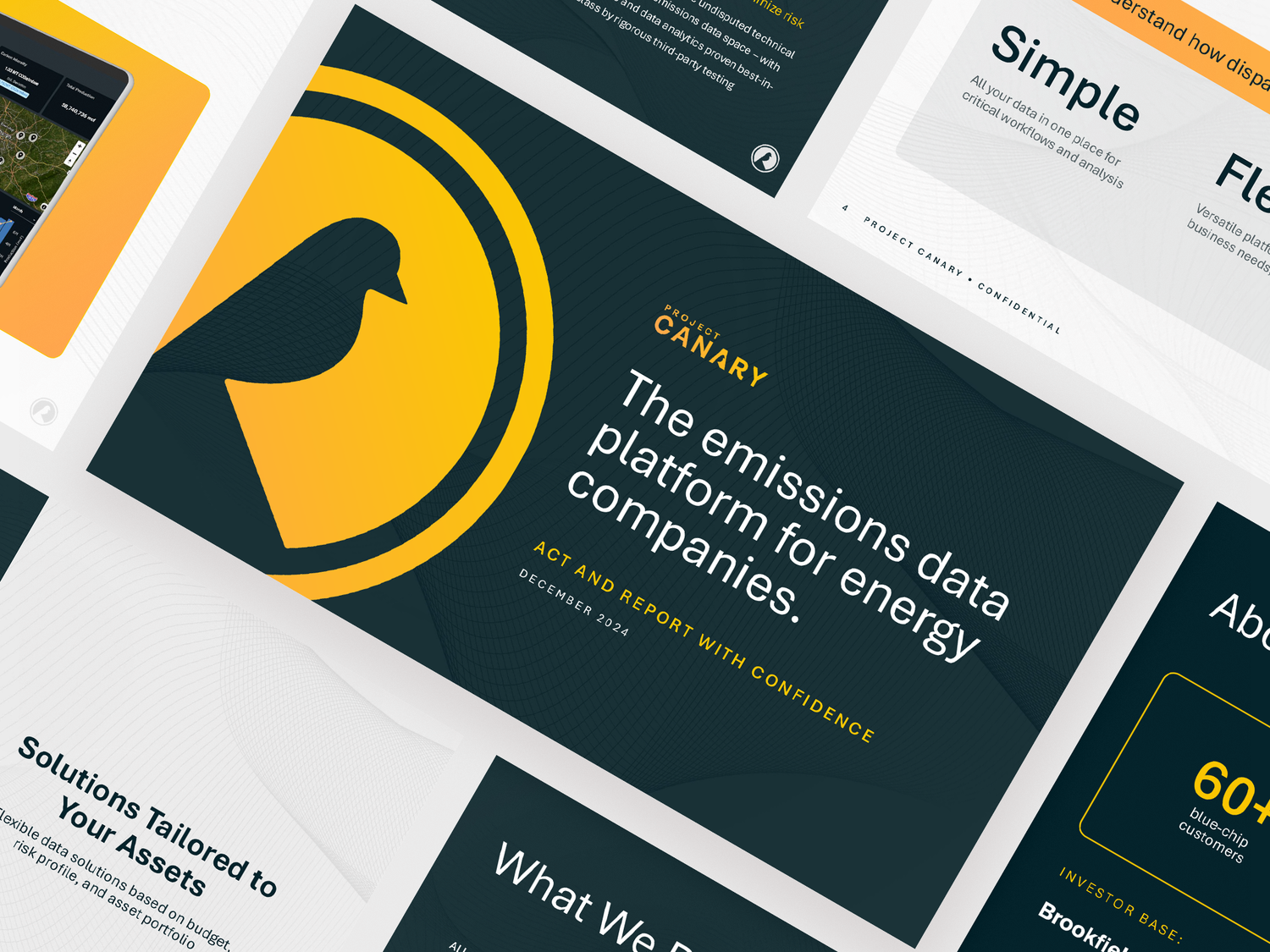 Business presentation slides featuring yellow circular logo and typography layouts.