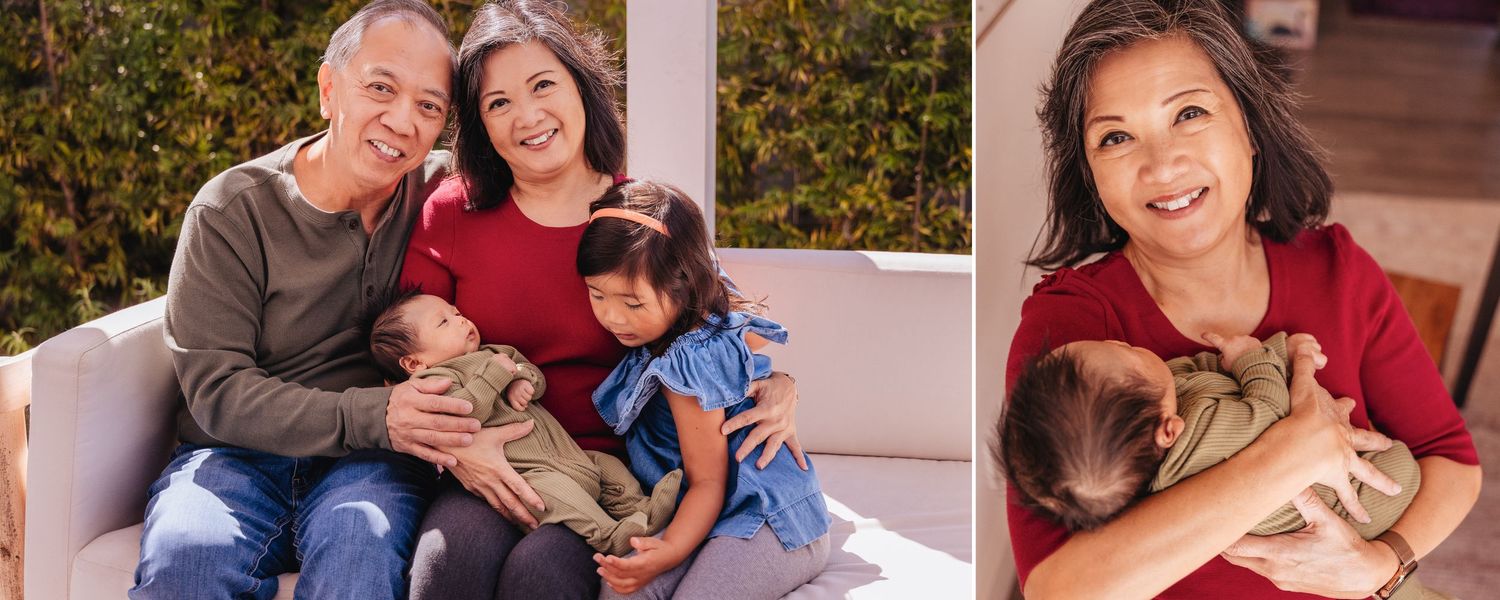 Outdoor and indoor family portrait session with natural lighting.