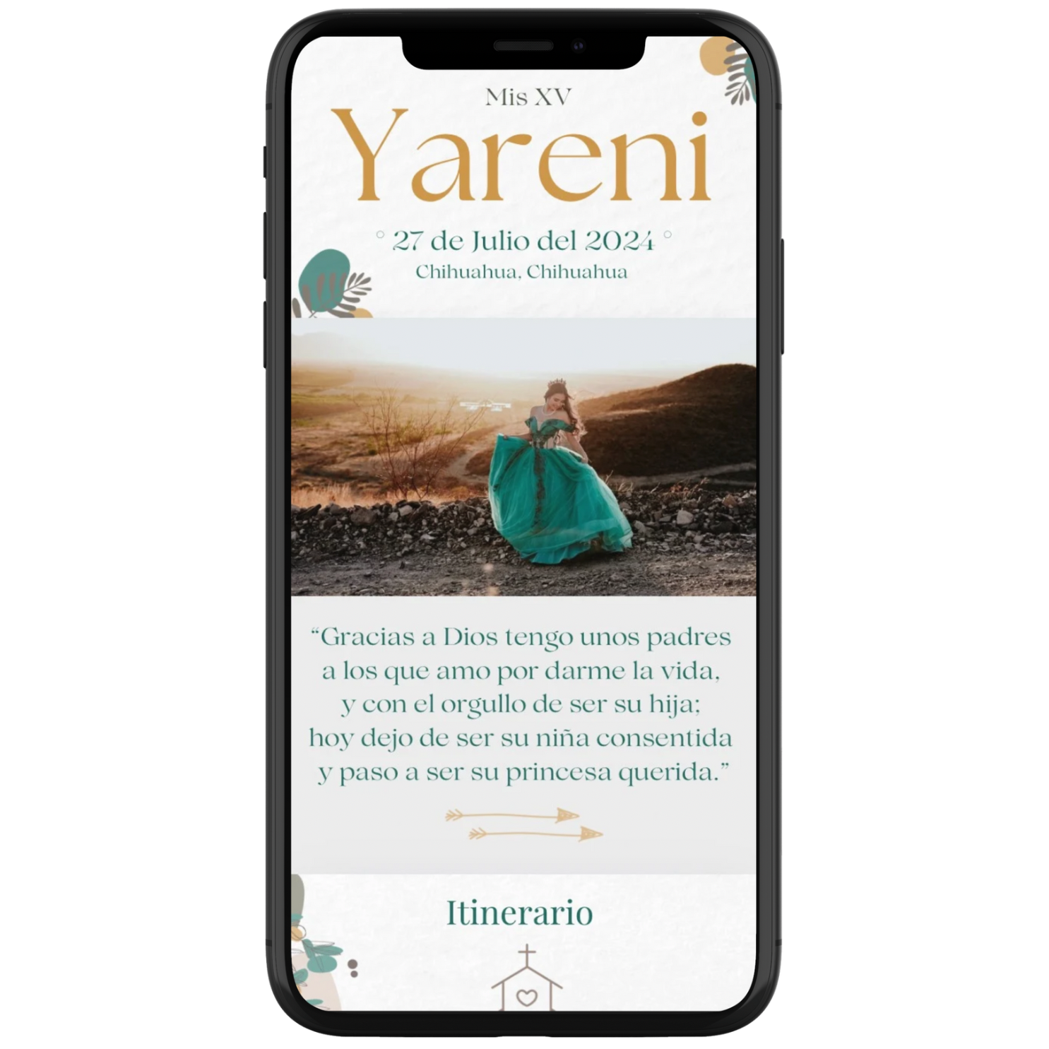 Elegant mobile wedding invitation design with desert landscape background.