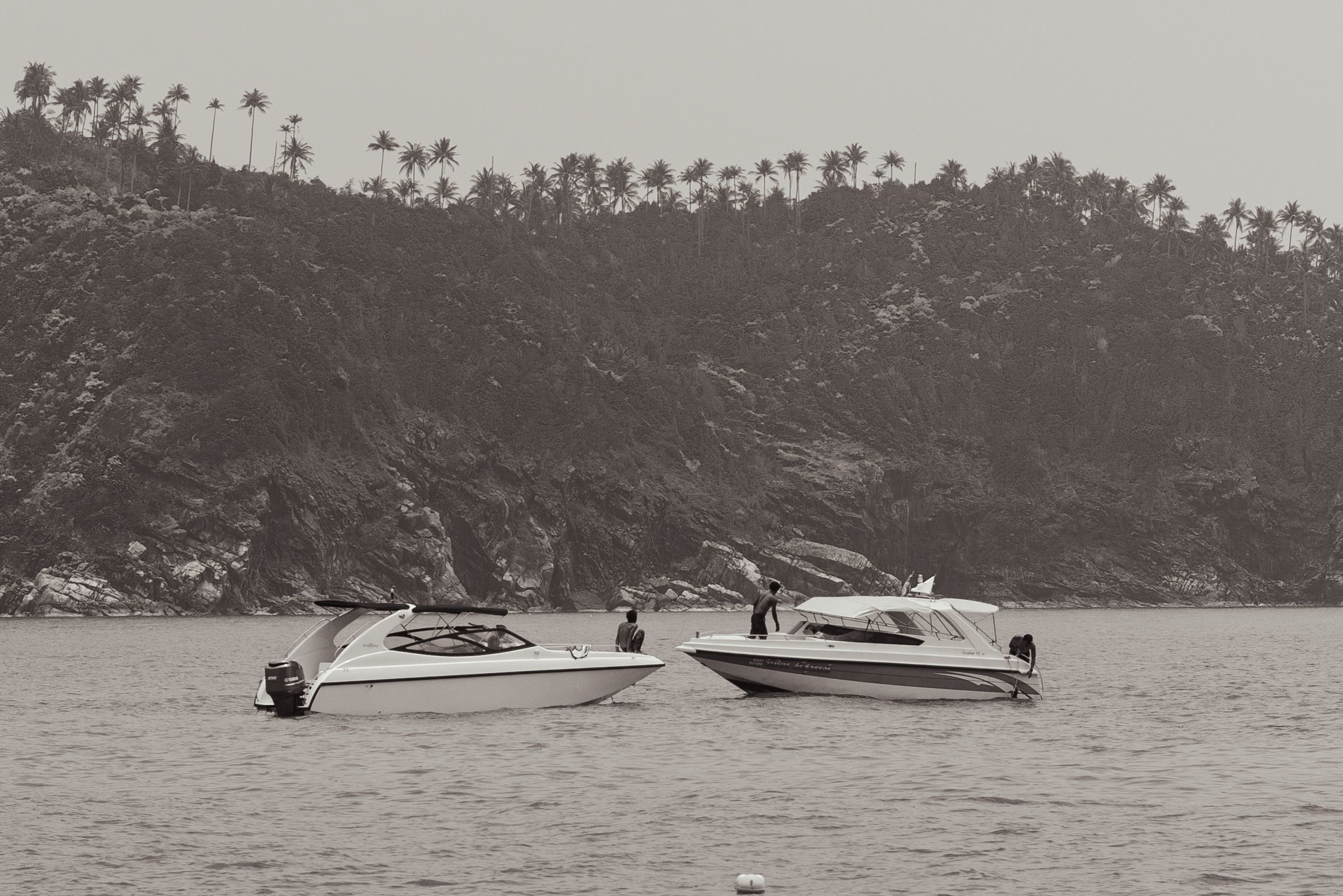 Two motorboats anchored near a palm-lined coastal cliff in sepia tones.