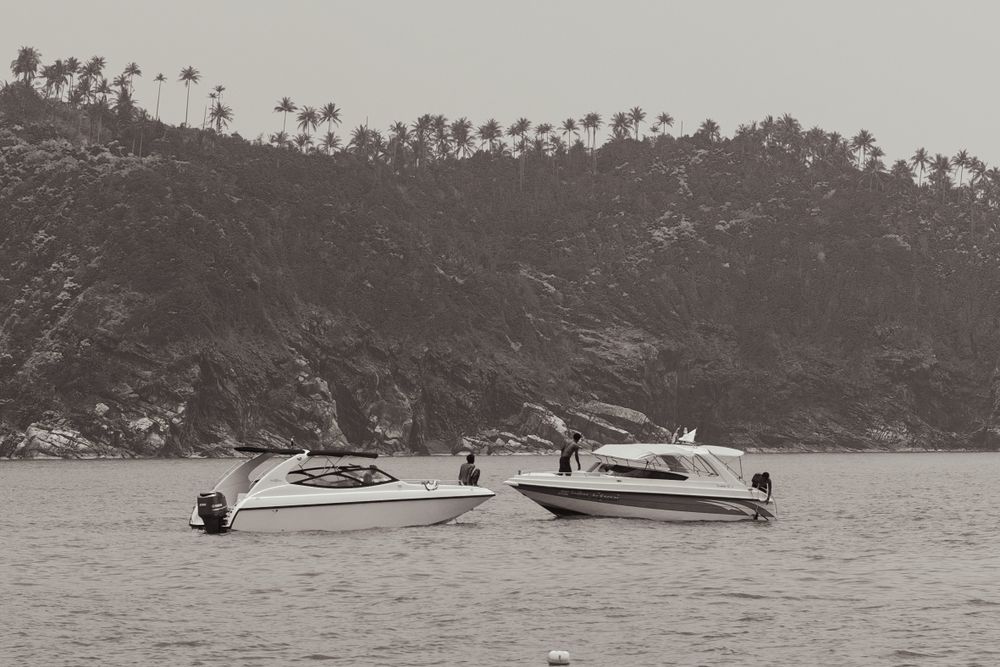Two motorboats anchored near a palm-lined coastal cliff in sepia tones.