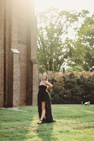 Sunlit scene against brick columns with grass and trees in background.