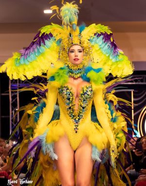 Vibrant yellow and purple feathered showgirl costume with dramatic wing details displayed at fashion show.