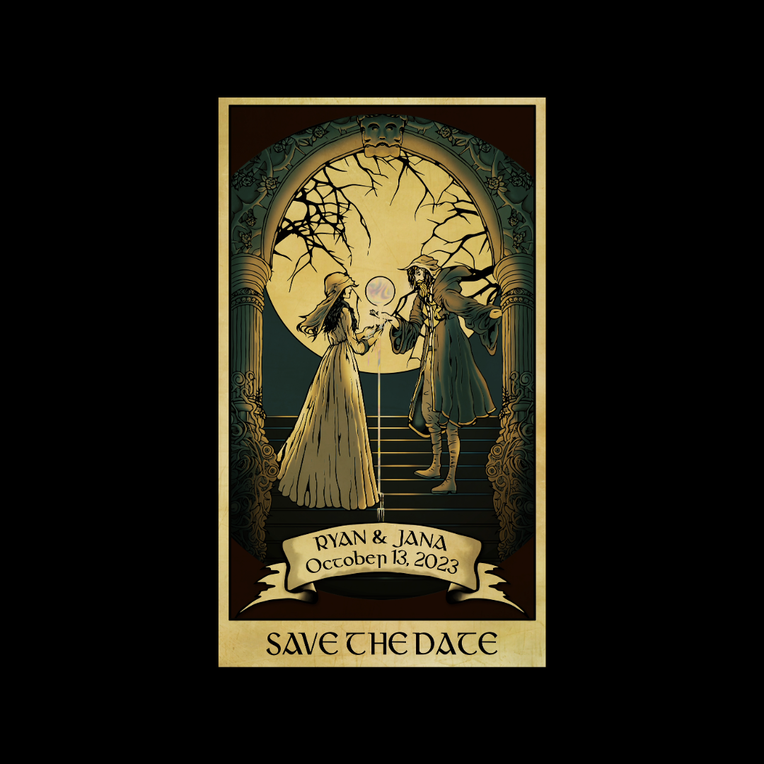Gothic vintage-style save the date design with silhouettes against a full moon.
