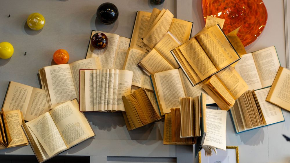Books on the wall in an art piece