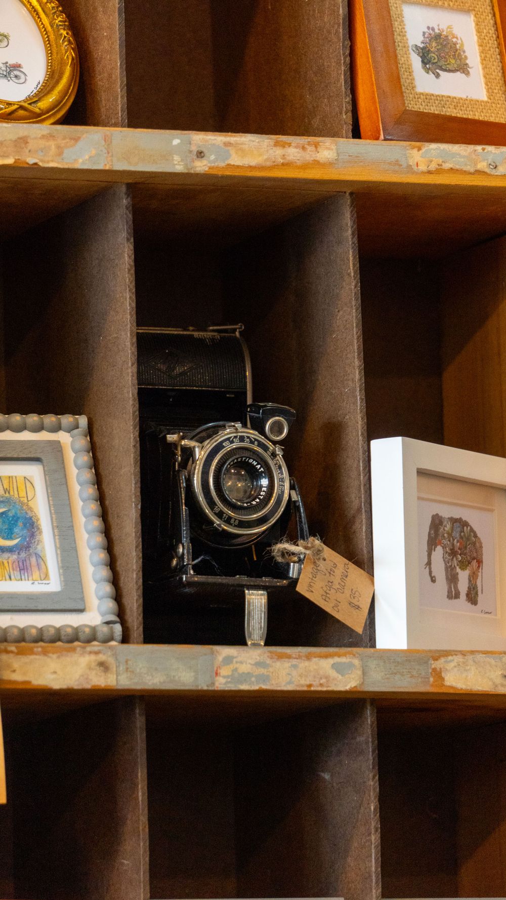 An old camera on a bookshelf