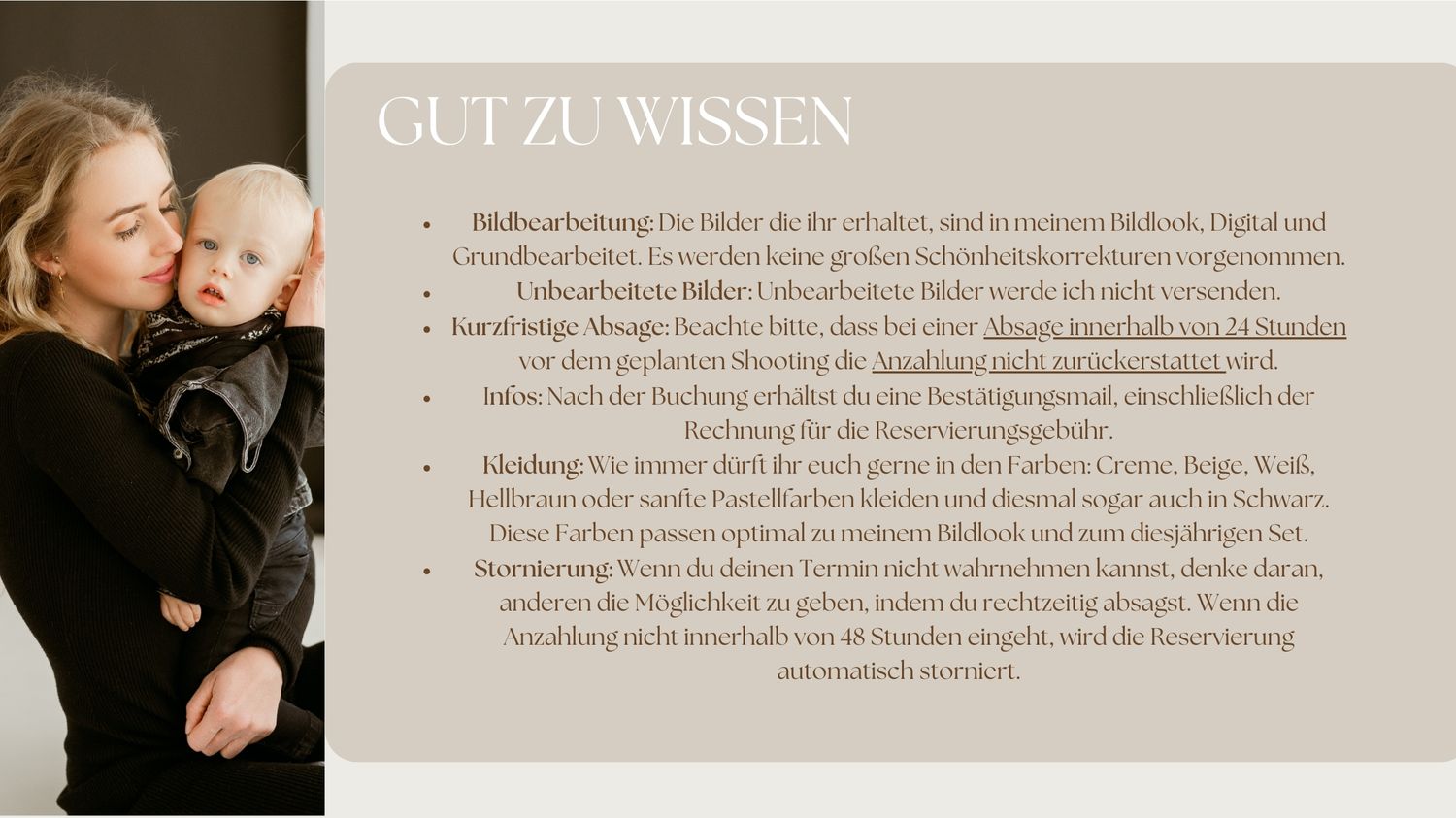 Professional photography information slide with German text and neutral tones.