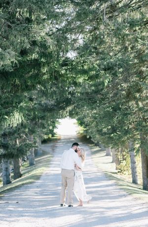 Couple sharing a romantic kiss on a tree-lined country lane surrounded by tall evergreens.