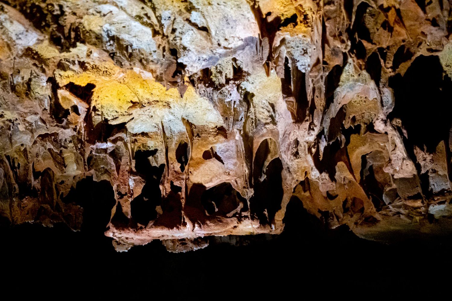 Intricate cave formations with stalactites and mineral deposits glisten under natural lighting.