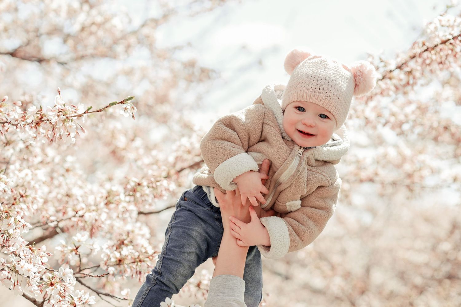 light portrait of a child in spring Vilnius cherry blossoms.  Hat with pompoms jacket