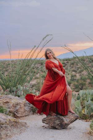 A dramatic red dress flows in the desert breeze against a sunset sky and cacti.