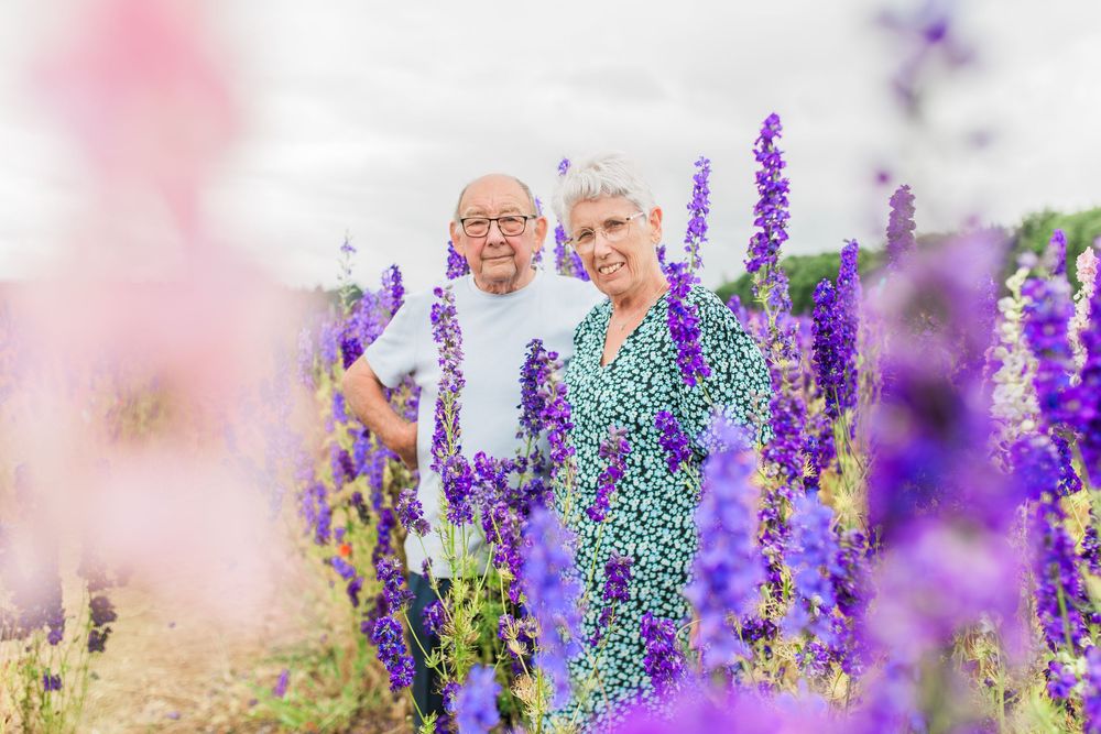 A couple smiles among vibrant purple delphiniums in a summer garden with soft pink bokeh accents by Hayley Elizabeth photography confetti