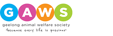 Colorful circular GAWS logo for Geelong Animal Welfare Society with tagline.