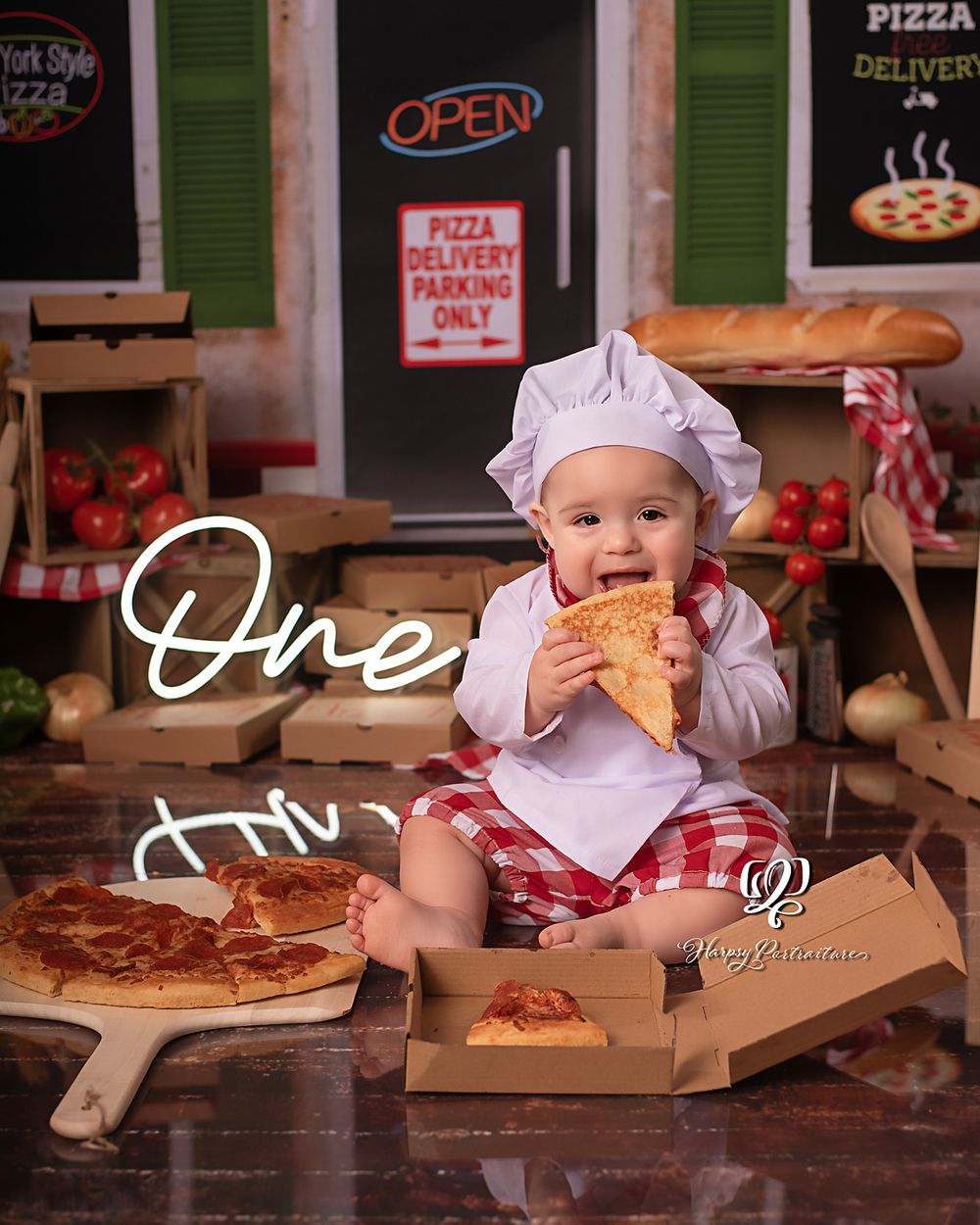 Italian eatery pizza themed first birthday Cake Smash photoshoot; best professional photographer Lexington, SC; baby photographer; Cake pics
