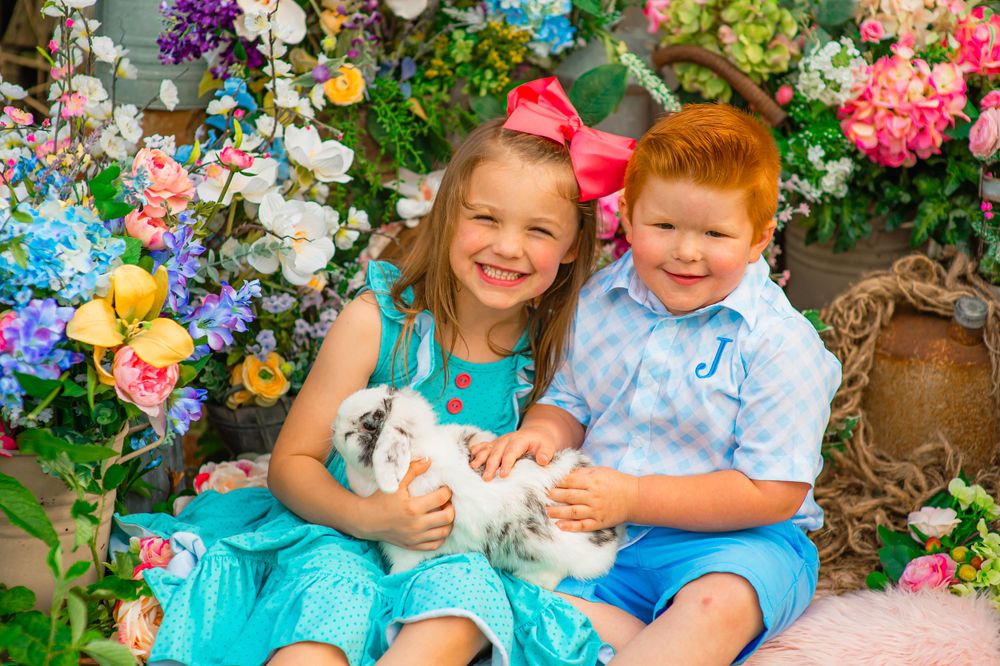 Easter spring mini session with animals real smiles laughter bunny photo kids being kids fun mini session