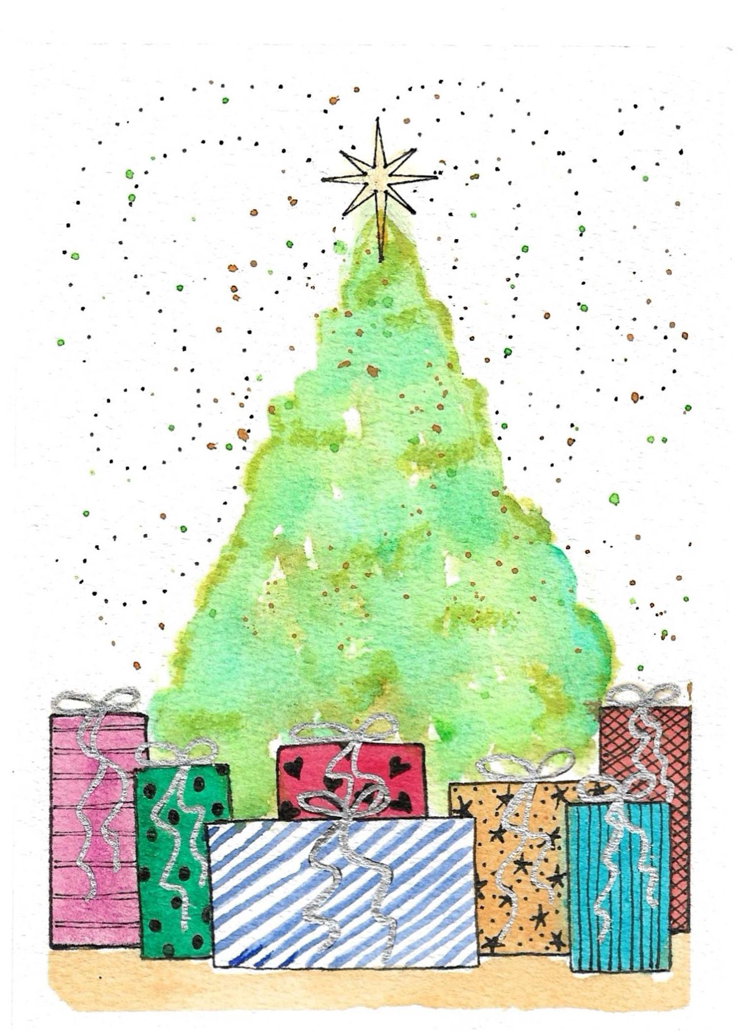 Watercolor illustration of a green Christmas tree with colorful wrapped presents underneath.