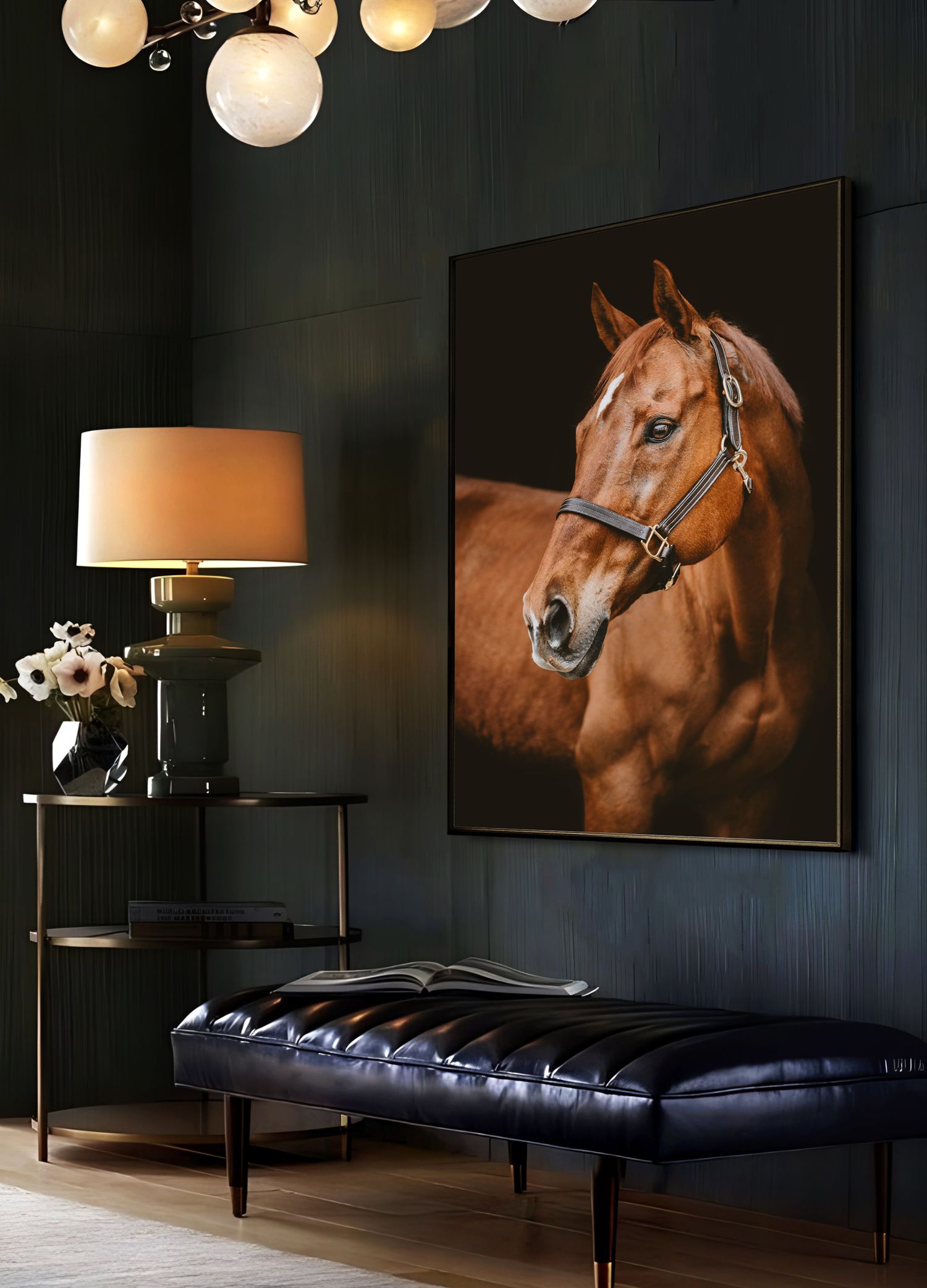 Large equine portrait displayed on dark wall with modern furniture and lighting.