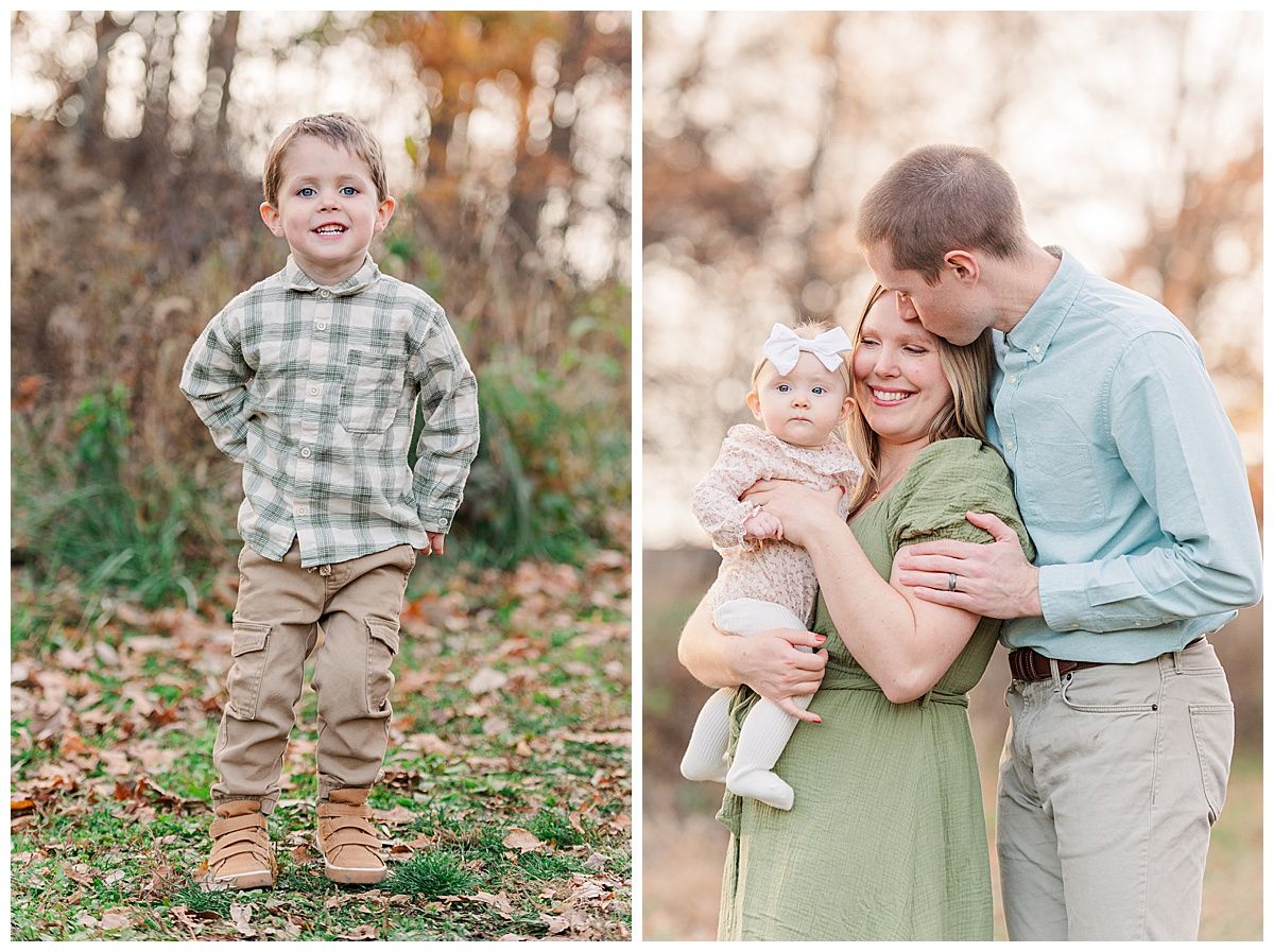 Fall family pictures taken during golden hour at Starkey Park in Zionsville Indiana with fall leaves