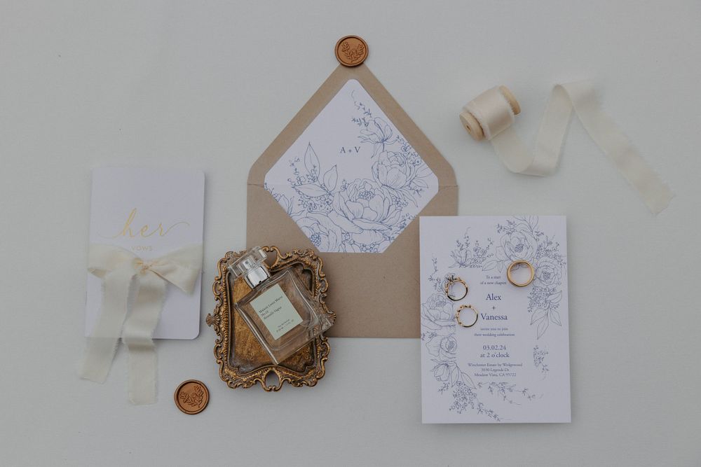 Wedding invitation suite featuring delicate floral designs, kraft paper envelopes, and vintage-inspired details.