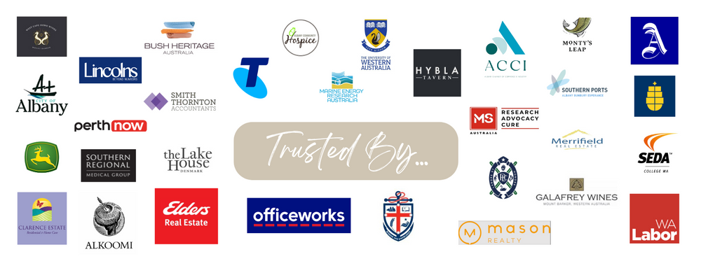 Collection of business and brand logos arranged in a grid pattern on white background.