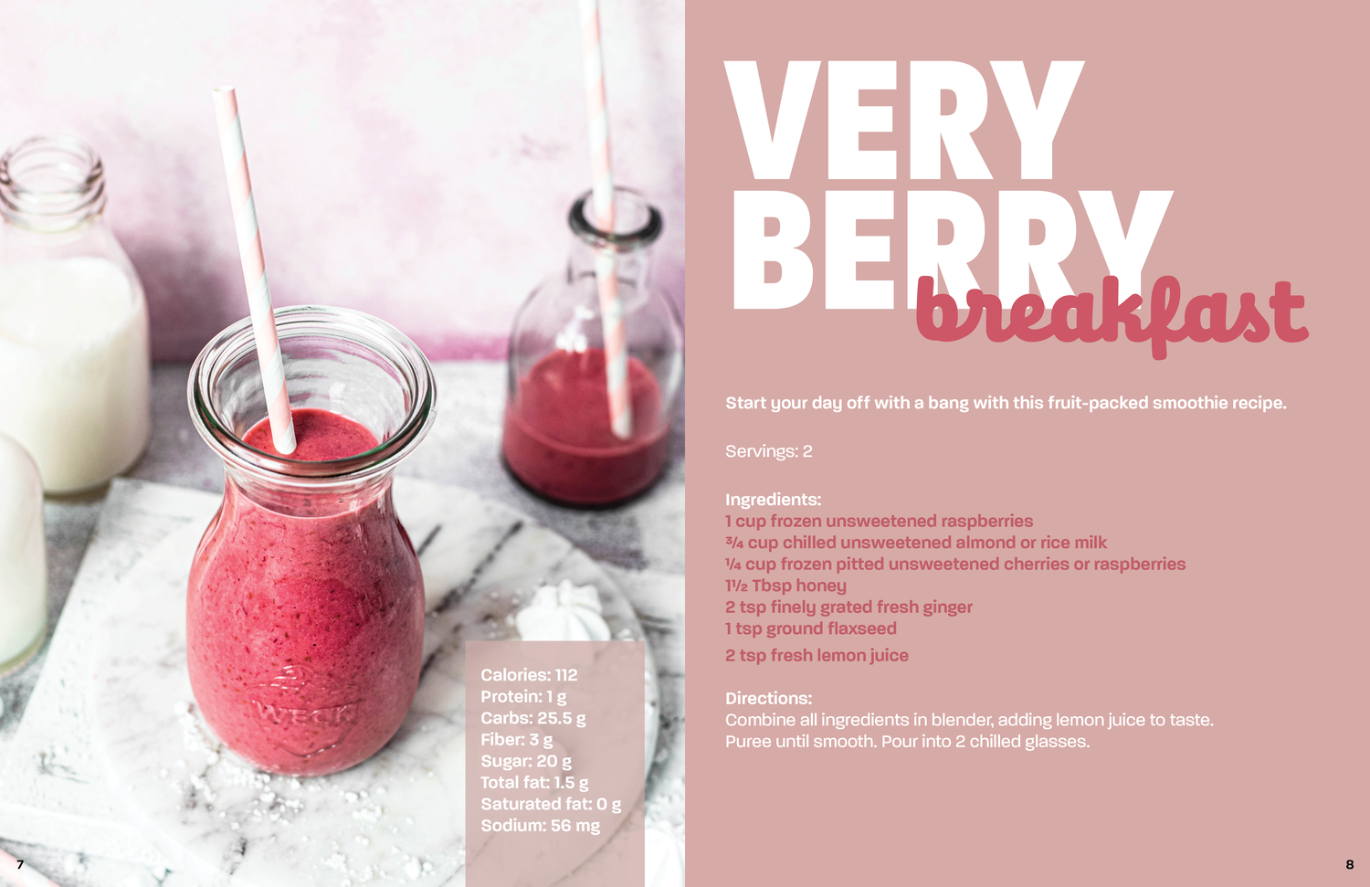 Berry breakfast smoothie recipe layout with pink smoothie in glass jar and bright text.