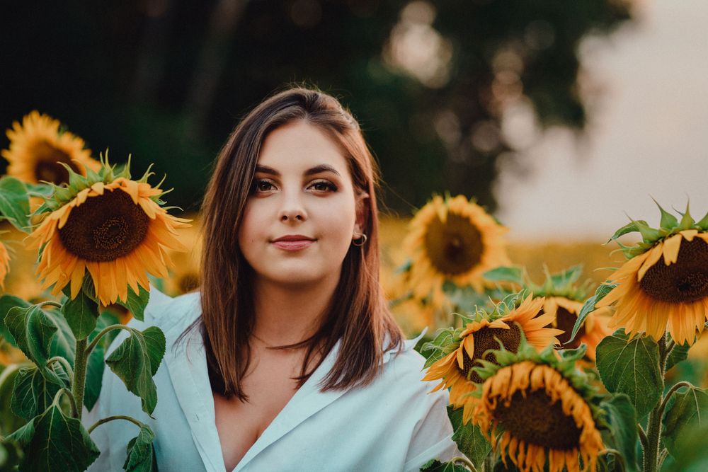 Artistic portrait session among tall sunflowers during sunset with dramatic lighting.