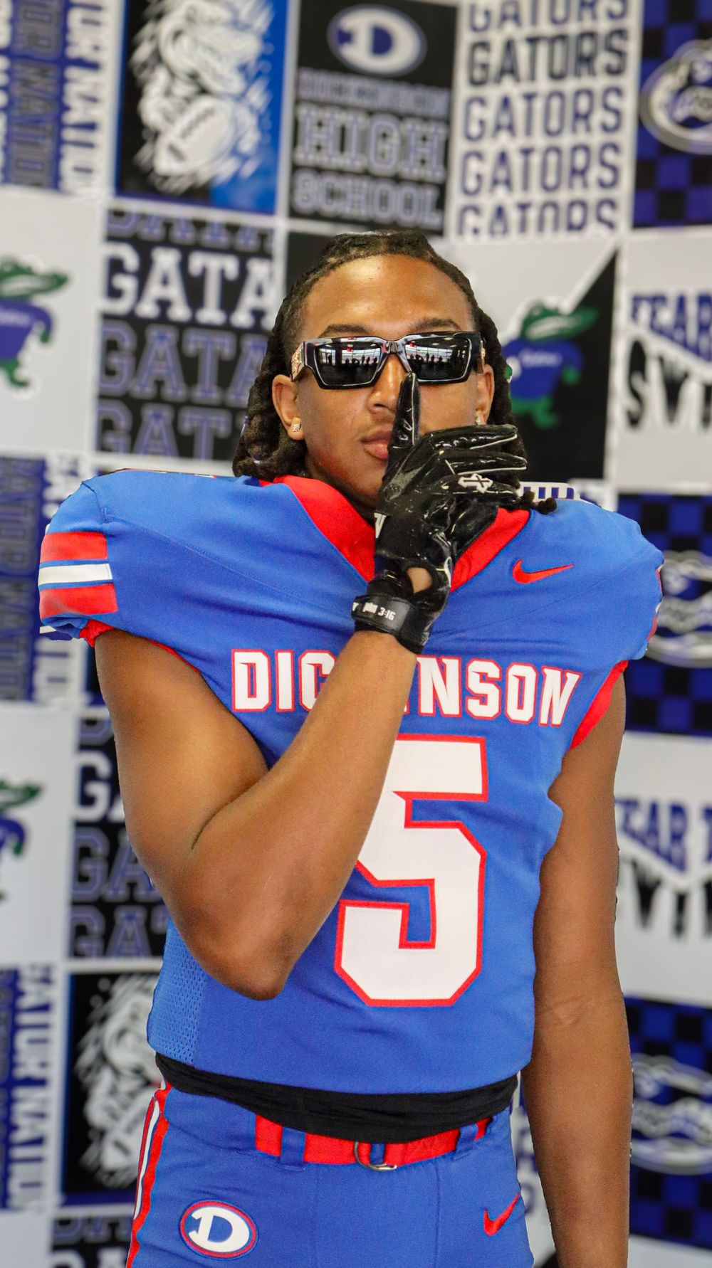 Athletes in Florida Gators uniforms display football gear against team logo background.
