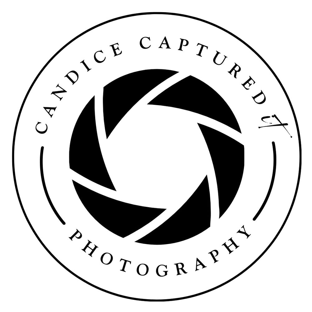 A minimalist black and white circular photography logo featuring a camera aperture design and text 'Candice Captured'.