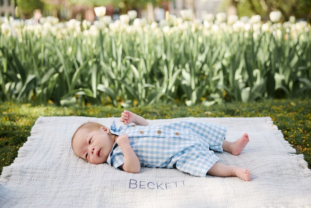 Baby in blue gingham outfit lying on white blanket with tulip garden in background.