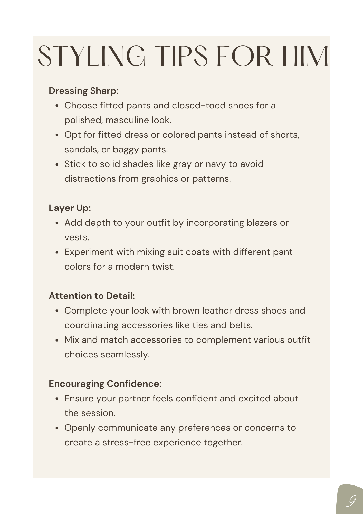 Styling tips for him guide covering sharp dressing, layering, and accessory advice.