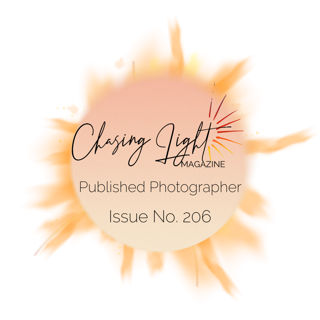 Orange watercolor splash design with text 'Chasing Light' and issue number for published photographer.