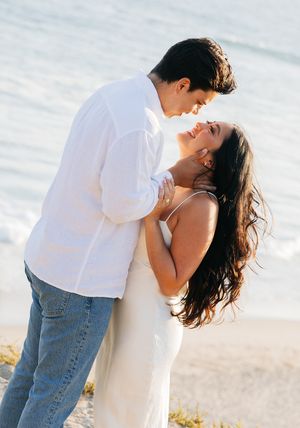 Romantic couple embraces on beach at sunset in series of candid shots showing tender moments between them.