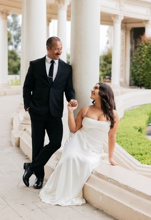 A romantic wedding photo sequence on white columns shows a couple in formal attire sharing playful moments together.