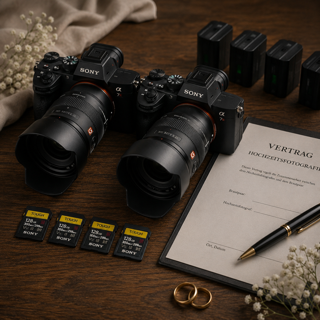 Hochzeitsfotografie-Vertrag auf einem Klemmbrett mit Stift neben professioneller Kameraausrüstung auf Holztisch, Angelo Vella Photography.