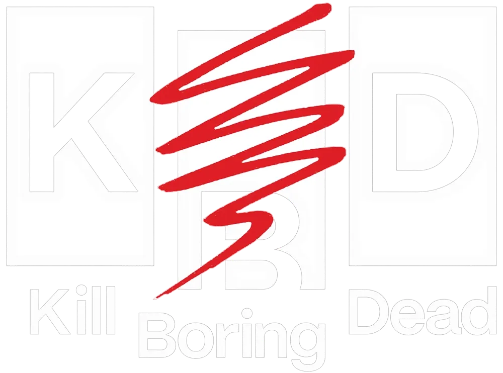 Kill Boring Dead logo featuring bold red lightning bolt graphic with KBD letters in white outline design.