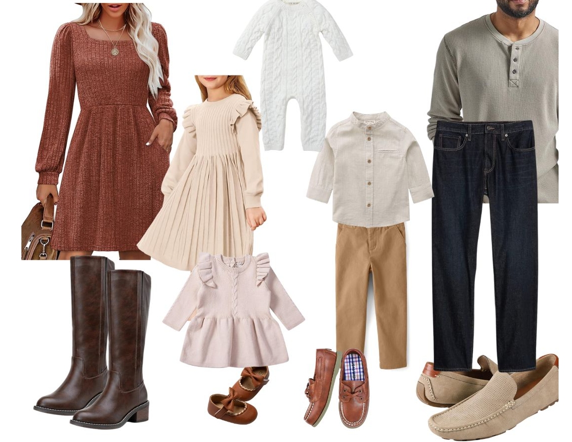 Fall family photo outfits warm earth tone mom dad children dress boots  Flowy dress in rust or beige Beige sweater Beige