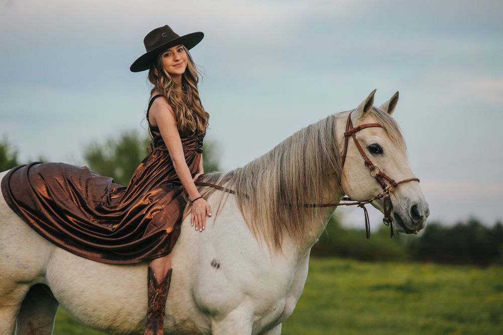 A white horse with western tack stands in a sunny field during a photo session.