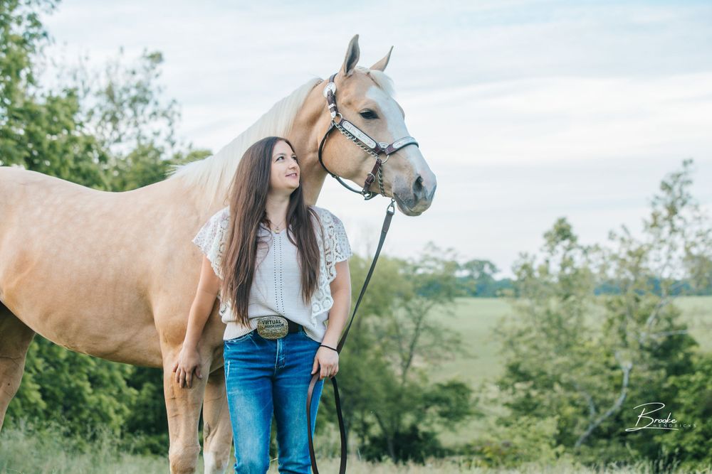 A palomino horse stands beside someone in jeans against a cloudy rural landscape.