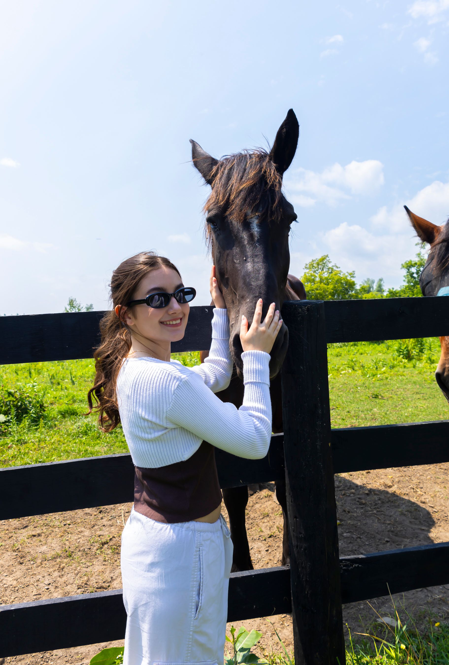 Girl in sunglasses petting a horse