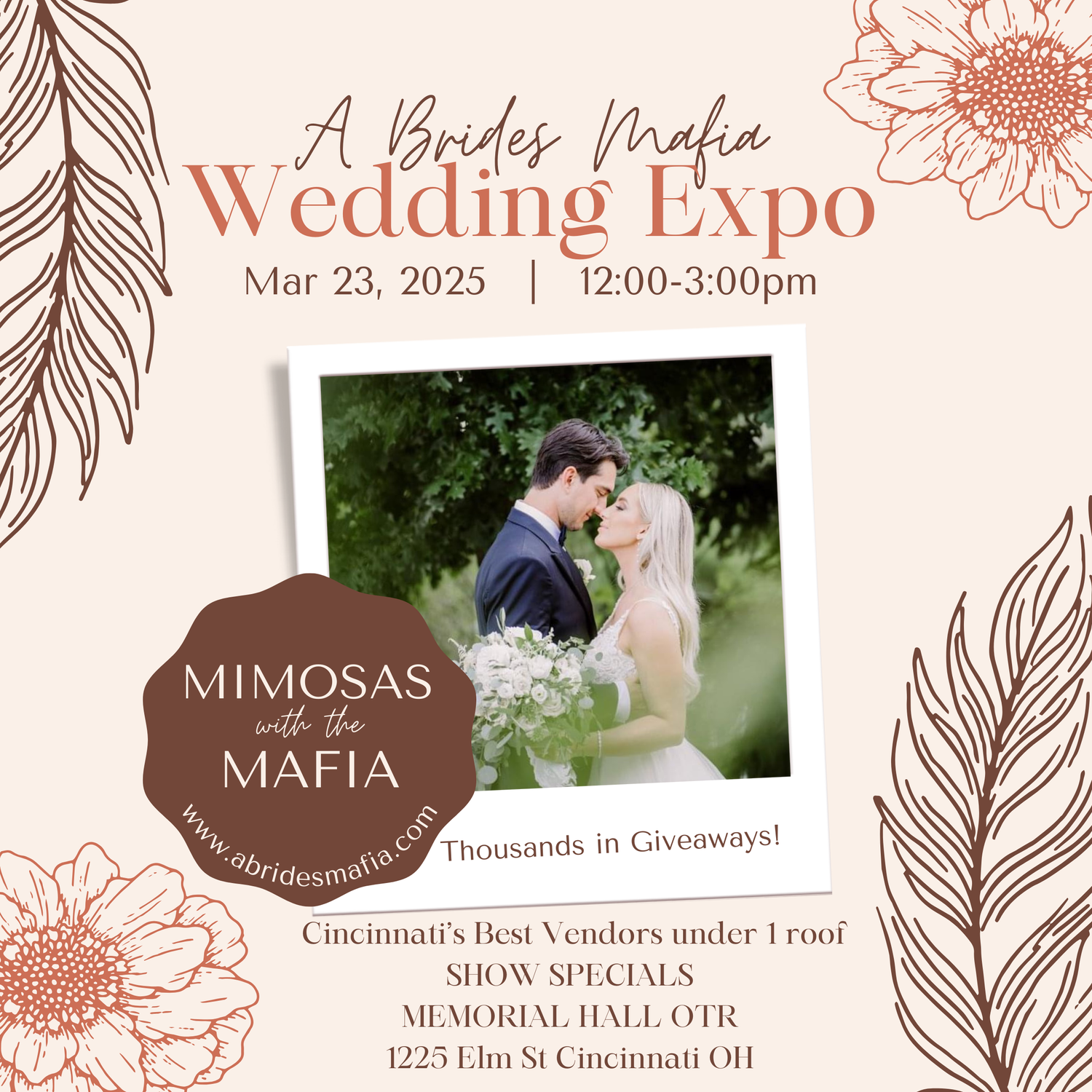 Elegant wedding expo promotional flyer with floral designs and mimosa theme, featuring event details and romantic imagery.