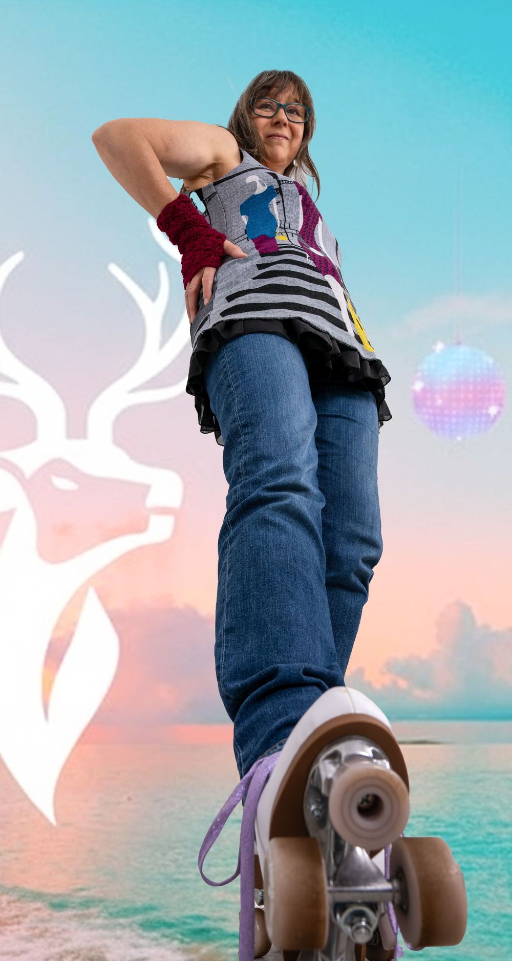 Woman in jeans and fingerless gloves poses on roller skates with a disco ball and deer logo on a pastel beach backdrop.