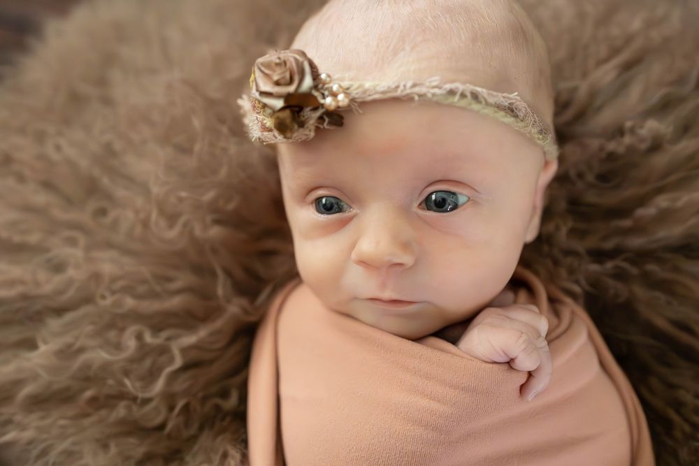 A collage of baby portraits showing different expressions and poses on a soft brown background.