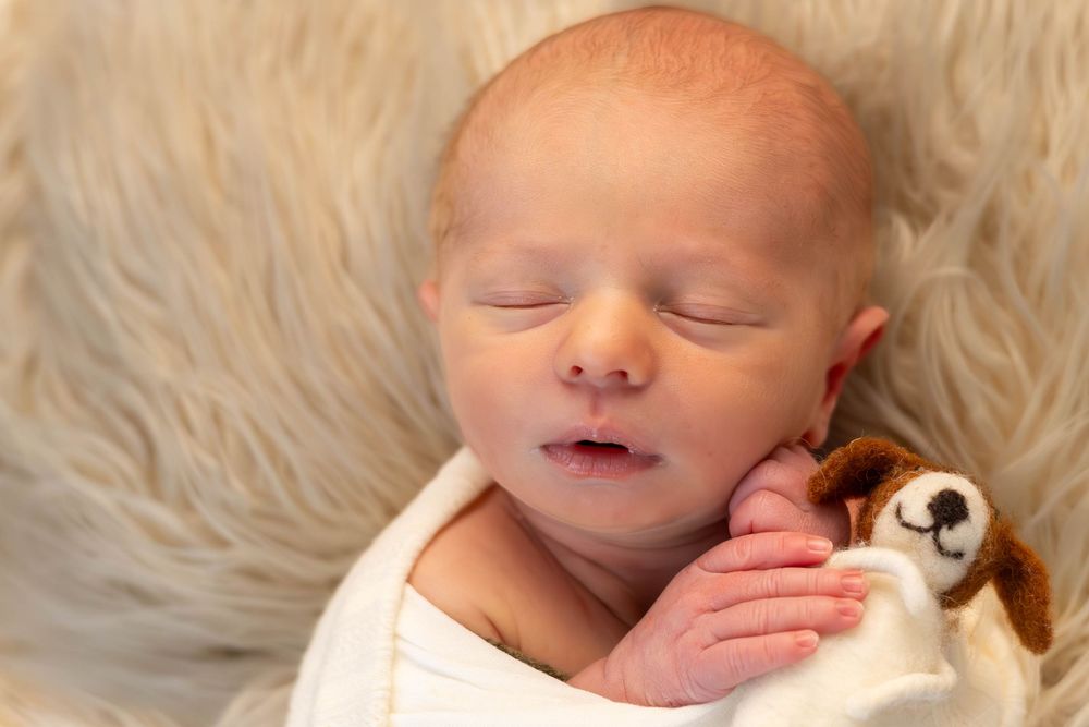 A sleeping newborn baby lies peacefully on soft white fur bedding in a series of connected photos.